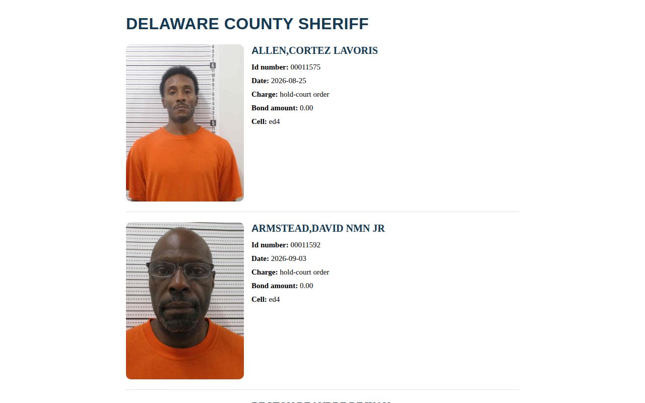 Delaware County booking widget showing roster field layout