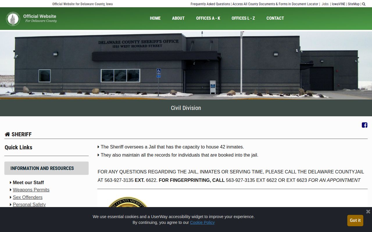 Delaware County Jail Division page with booking record contact context