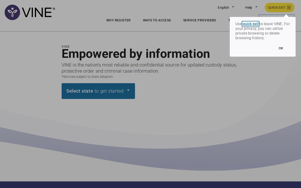 VINELink alert registration screen for Delaware County custody notifications