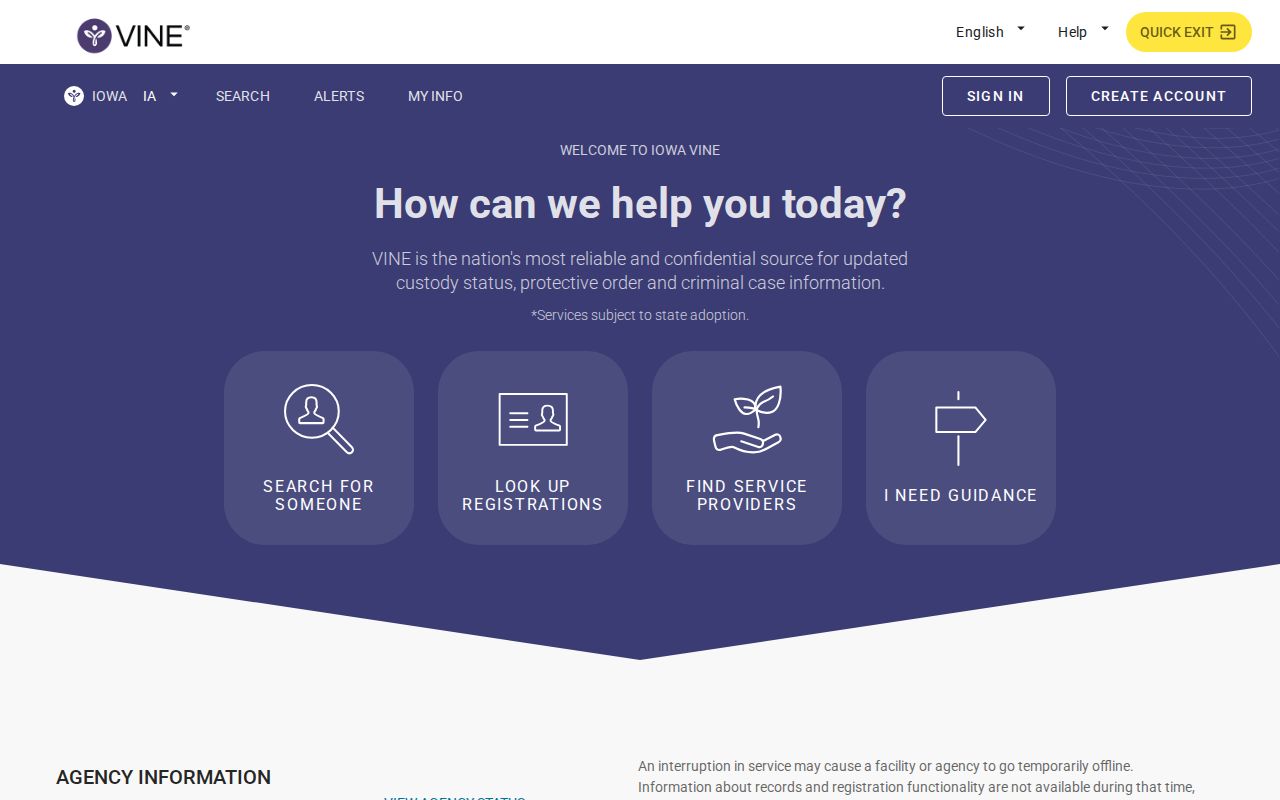 VINELink Iowa search screen for a Delaware County custody check