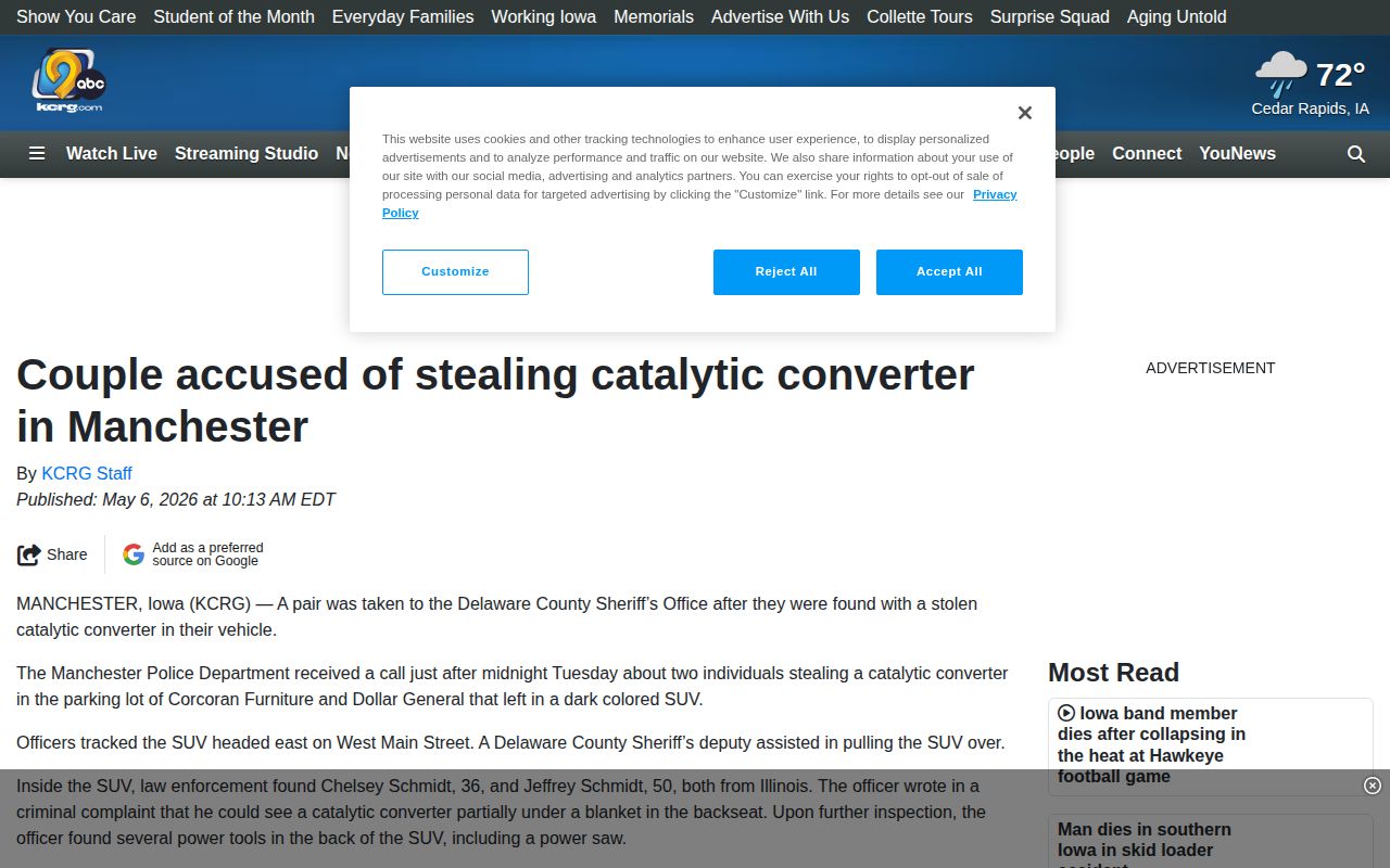 KCRG Manchester arrest story showing regional news coverage